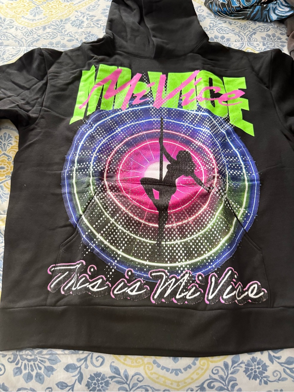 Black Kids' Graphic Hoodie with Neon Multi-Color Print